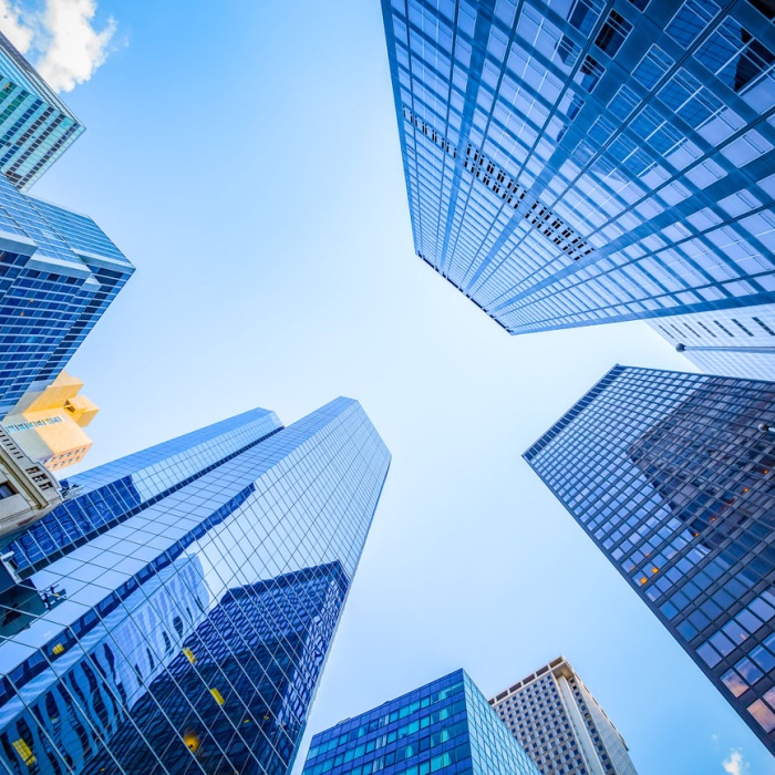 Corporate buildings in NYC looking up from the street